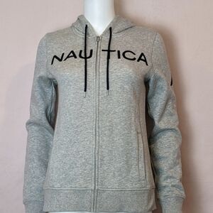 Nautica Go-To Signature Cotton Full Zip Logo Hoodie in Heather Gray size Small